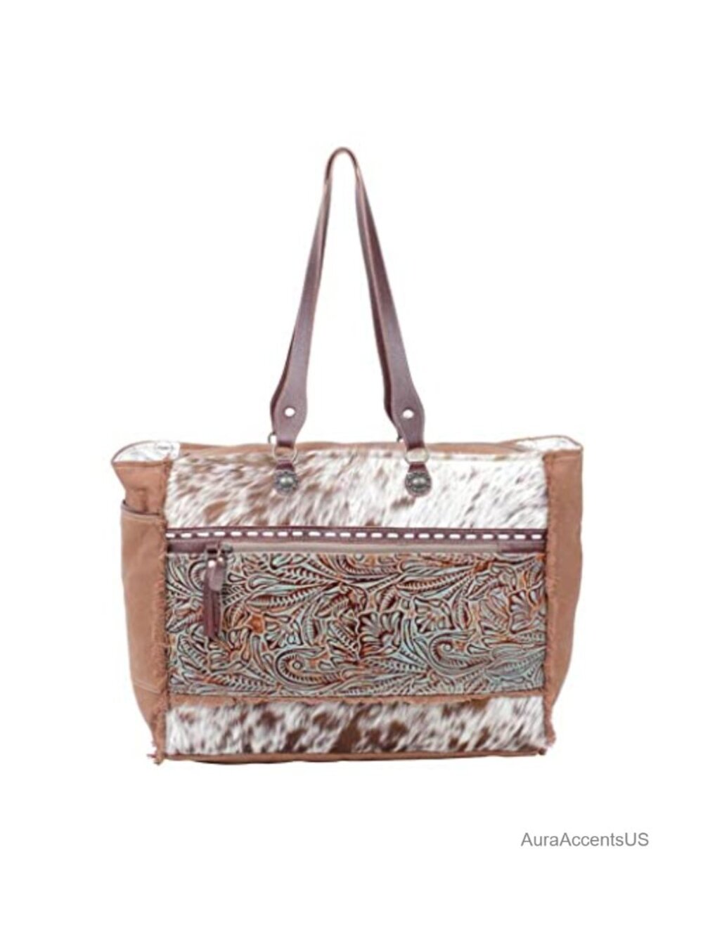 Large Cowhide Purse with Floral Tooled Leather Accent, Fringes, Western Style